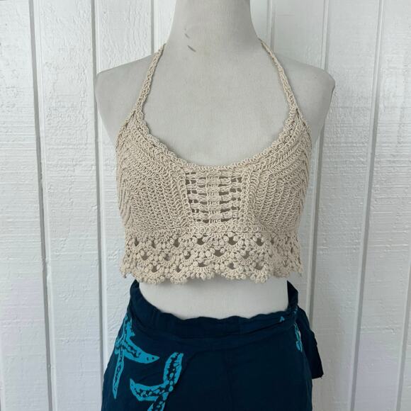 Women Crochet Padded Halter Crop Tank Top Tan Beach Summer Boho Size One Size - Picture 2 of 8